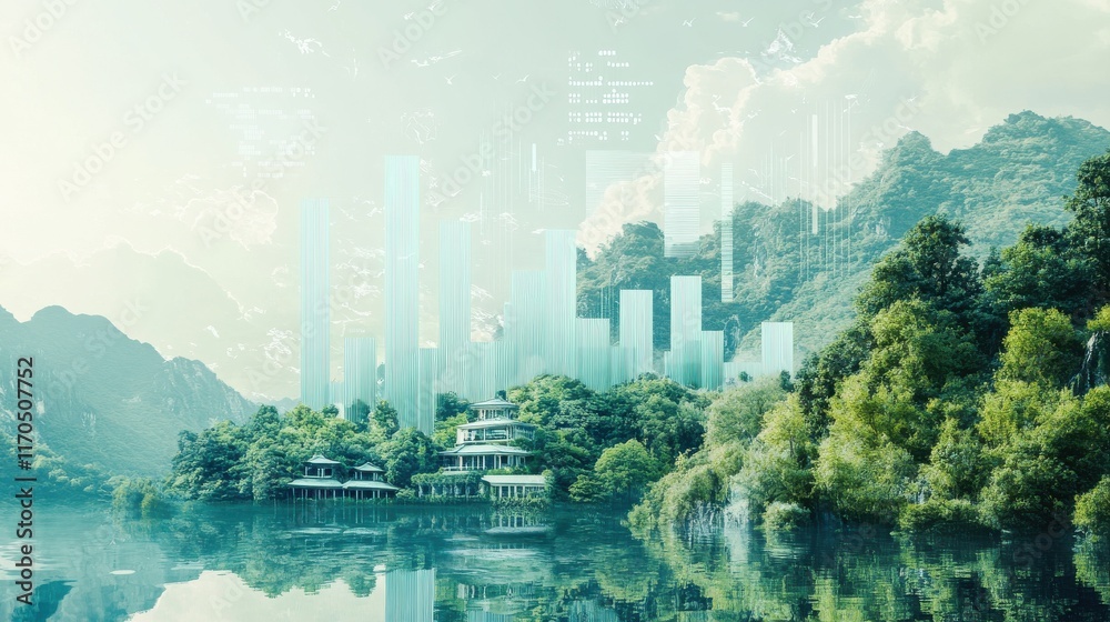 Aufkleber creative visualization of finance intertwining with nature and contemporary architecture in a serene