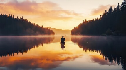 Fototapeta premium Lone fisherman casting a line into a mirrorlike lake at dawn, tranquil and timeless, patience, calm, mindfulness