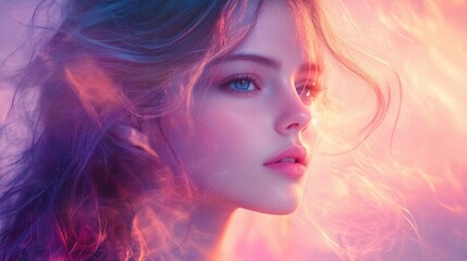 Naklejka premium Dreamy Portrait of a Flowing Haired Asian Woman Ethereal Atmosphere Impressionism