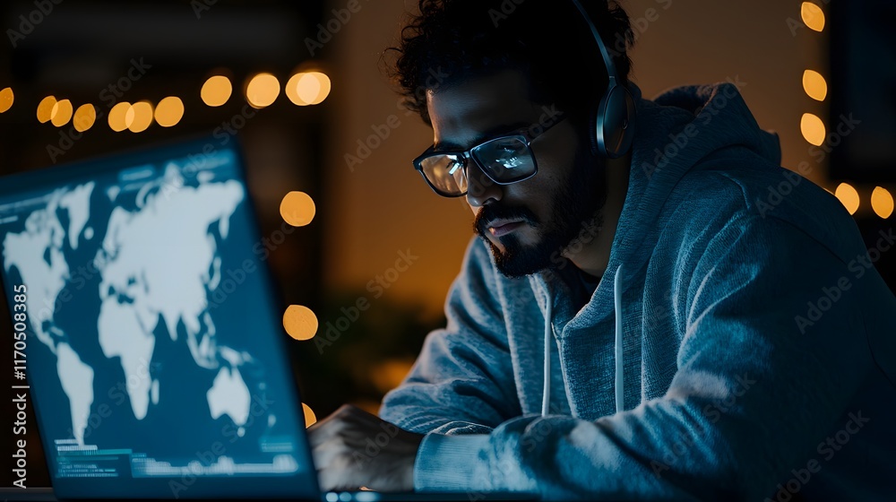 Poster cybersecurity expert skillfully mitigating network threats using advanced futuristic tools and visua
