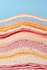 Colorful layers of textured paper create a vibrant, abstract design against a soft blue background.