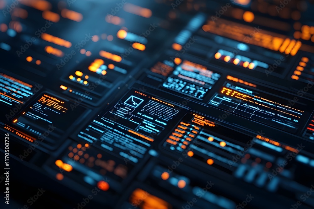 Poster Futuristic digital defense system visualizing cyber threats and advanced response technology in a sleek high tech laboratory setting with glowing interfaces and data analysis tools