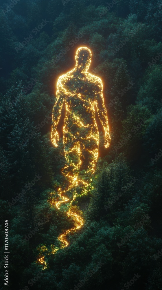 Poster Glowing figure walking through a forest at twilight surrounded by trees and nature's serenity