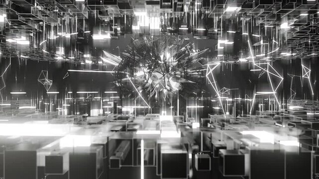 A geometric luminous sphere surrounded by platforms and lights in an abstract technological environment. Video loop seamless synchronized at 120 bmp