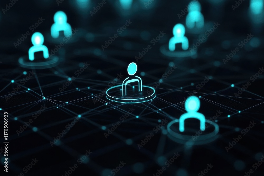 Poster digital network connecting various users with glowing avatars representing virtual communication and