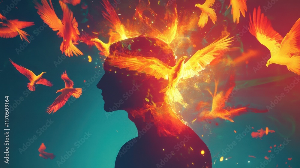 Poster conceptual representation of a glowing man surrounded by fiery birds in vibrant colors