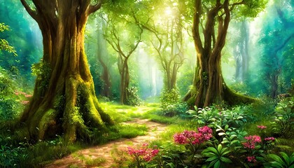 Naklejka premium A Beautiful Fairytale Enchanted Forest A Digital Painting of Majestic Trees and Lush Vegetation, Capturing the Magic of Nature in a Vibrant and Dreamlike Landscape