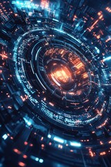 Fototapeta premium A cyberpunk, abstract, futuristic circular sci-fi design with glowing elements and data points. 