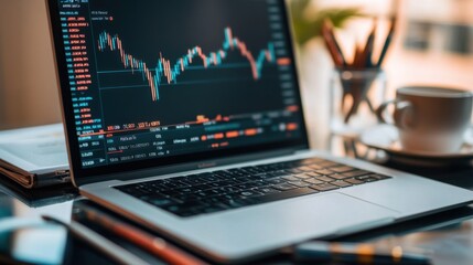 Professional workspace layout featuring a laptop displaying stock market data in a well-lit modern office environment
