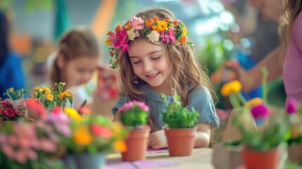 Children engage in creative activities at a flower festival's playful corner during spring celebrations