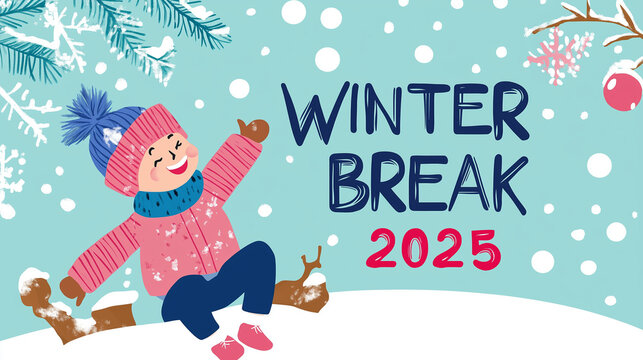 Winter Break 2025 illustration with a happy child playing in snow surrounded by snowflakes and branches.