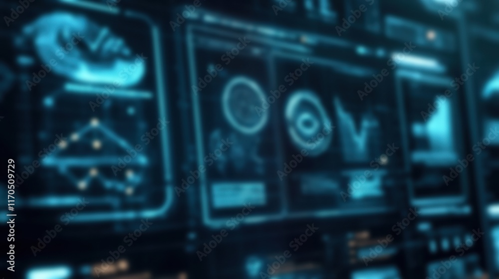 Poster futuristic interface displaying complex data, graphs, and analytics on a digital screen, ideal for t