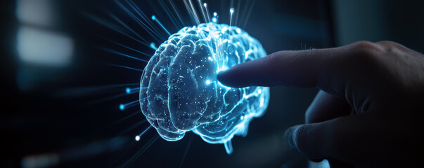 A visually captivating image showcasing a digital representation of a brain being touched by a finger.