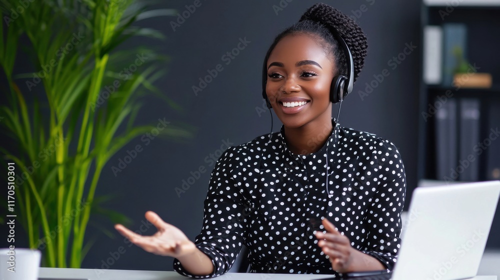 Poster bright and welcoming office space with a professional engaged in a virtual meeting and sharing smile