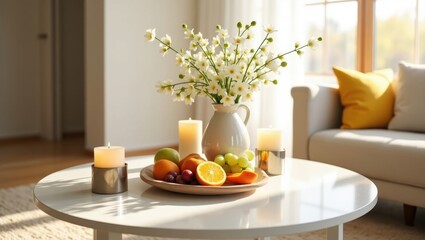 Vibrant and serene modern apartment interior bathed in soft, golden morning light, with a sleek, minimalist coffee table at its center, adorned with a delicate, curved-necked flower vase overflowing w