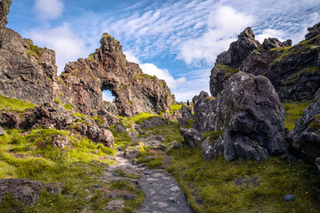 Lava structures Djúpalónssandur, a black sand beach at the foot of Snæfellsjökull, Snæfellsnes peninsula, Iceland
