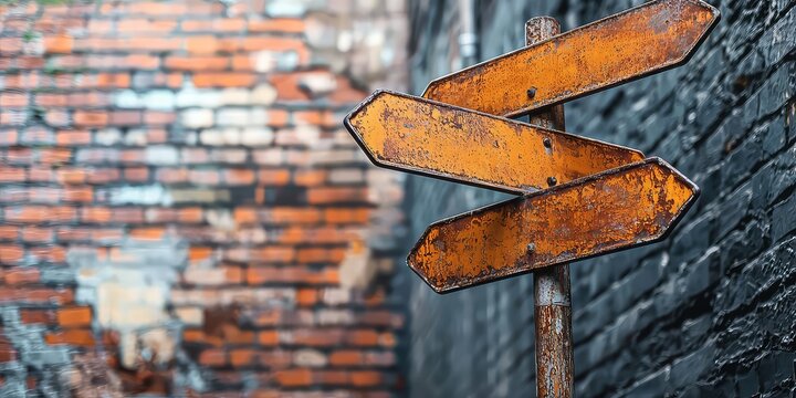 Metal directional signs in an urban setting with bold labels for guidance.