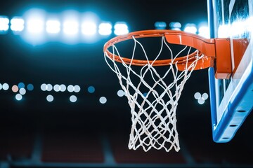 Basketball hoop illuminated in a sports arena.