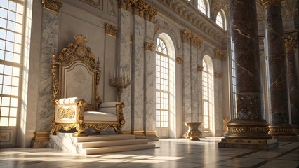 Obraz premium Sunlit Palatial Hall with Marble Columns, Golden Throne, and Regal Elegance V6