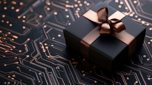 A modern gift with a brown ribbon on a circuit board background, symbolizing technology and innovation. - Powered by Adobe