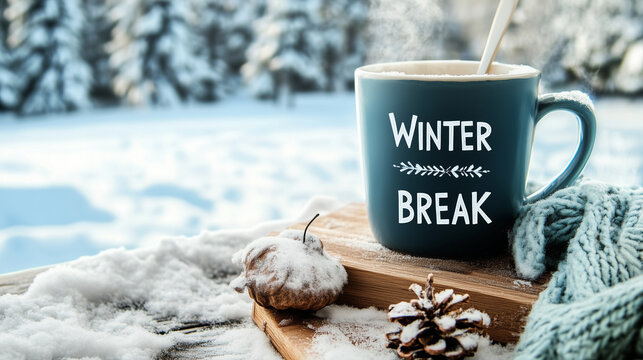 Winter Break text on a cozy mug with snow, scarf, and winter landscape background