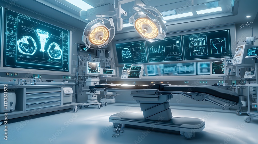 Poster quantum algorithms creating predictive models for surgical outcomes displayed on glowing digital pan