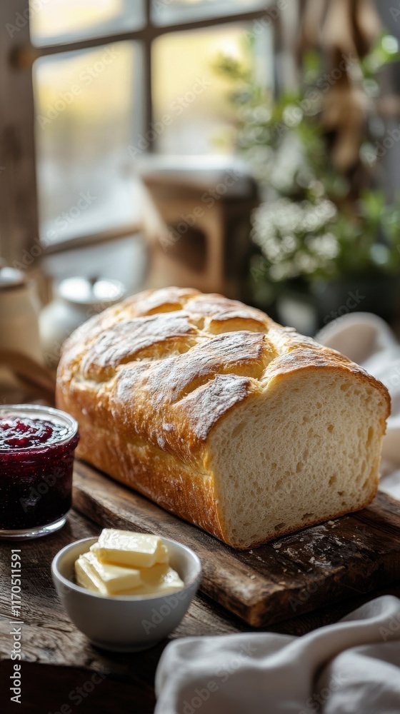Poster fresh loaf of bread with butter and jam presented on a rustic wooden table in a cozy kitchen setting