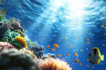 Obraz premium Underwater Scene with Bright Corals and Colorful Fish in Crystal Clear Ocean Waters