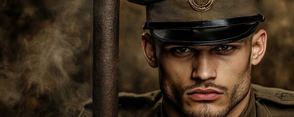 Fototapeta premium Imposing Military Figure in Full Uniform and Hat Exuding Authority and Strength Against a Neutral Background Setting