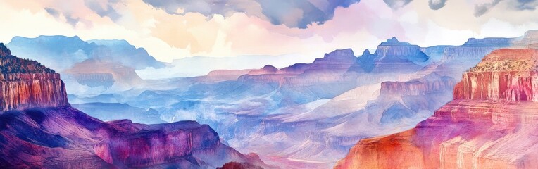 Breathtaking watercolor landscape capturing the Grand Canyon at sunrise with vibrant hues...