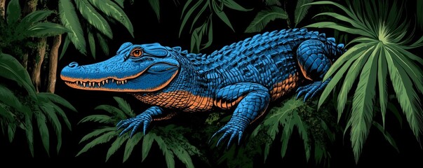 Vibrant Blue Alligator Camouflaged in Lush Jungle Habitat Surrounded by Verdant Foliage and Exotic Flora Creating Mystery