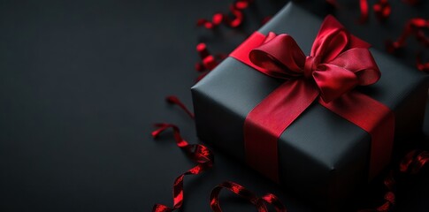 Black Gift Box with Red Ribbon Minimalistic Design on Dark Background for Sale and Holiday Promotions