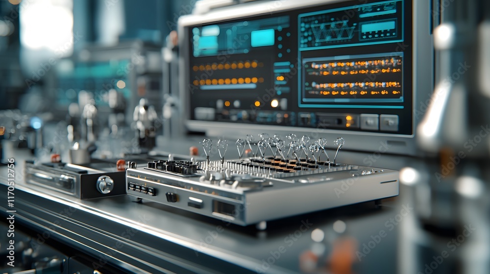 Poster futuristic laboratory setting showcasing the of quantum computing technology with advanced measureme
