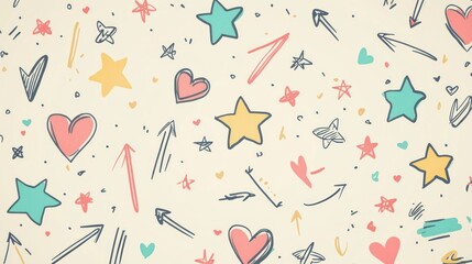 Colorful Hand Drawn Hearts Stars and Arrows Pattern