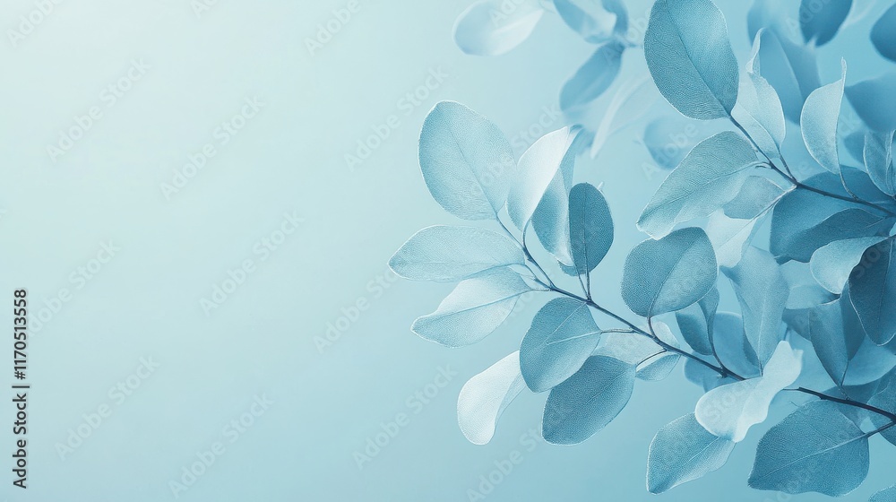Poster soft pale blue leaves with silver highlights gently illuminated in a tranquil setting
