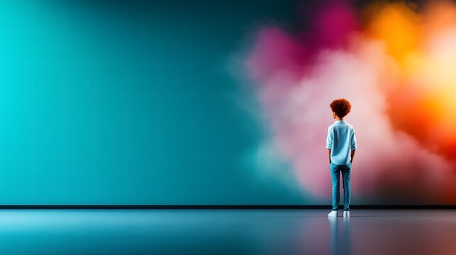 Goal of life, happiness and dreams concept: Child looking at a painting coming to life, vivid colors, representing creative dreams.