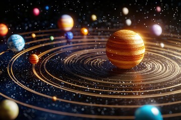 Obraz premium Stunning Cosmic Space Scene with Vibrant Planets and Twinkling Stars in Expanding Universe