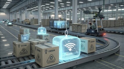A futuristic warehouse with smart technology, showcasing packages on a conveyor belt, featuring glowing Wi-Fi symbols and automated equipment.