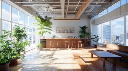 Inclusive office break room with virtual events global participation in online conferences bright and green workspace modern design community engagement