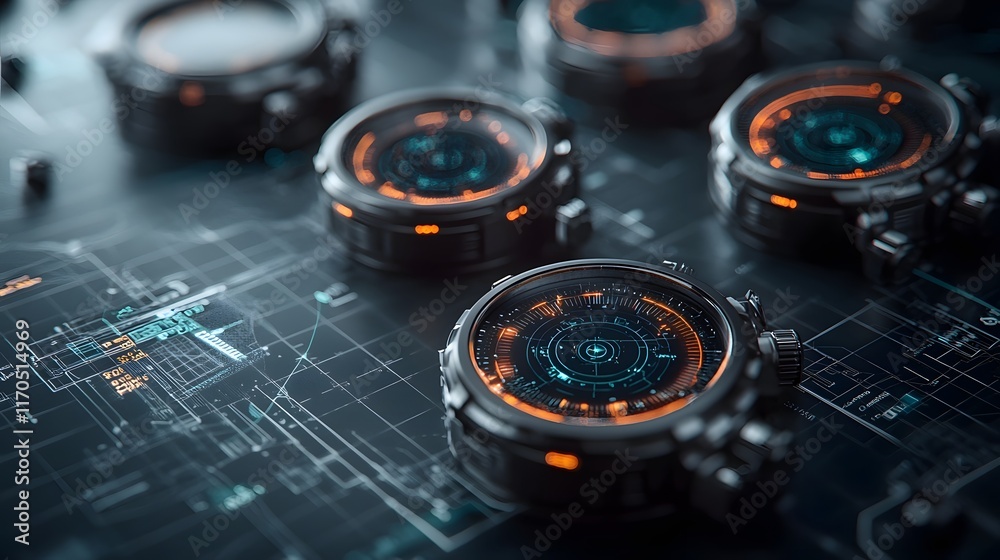 Poster futuristic high tech quantum instruments with glowing data overlays showcasing precise temperature m