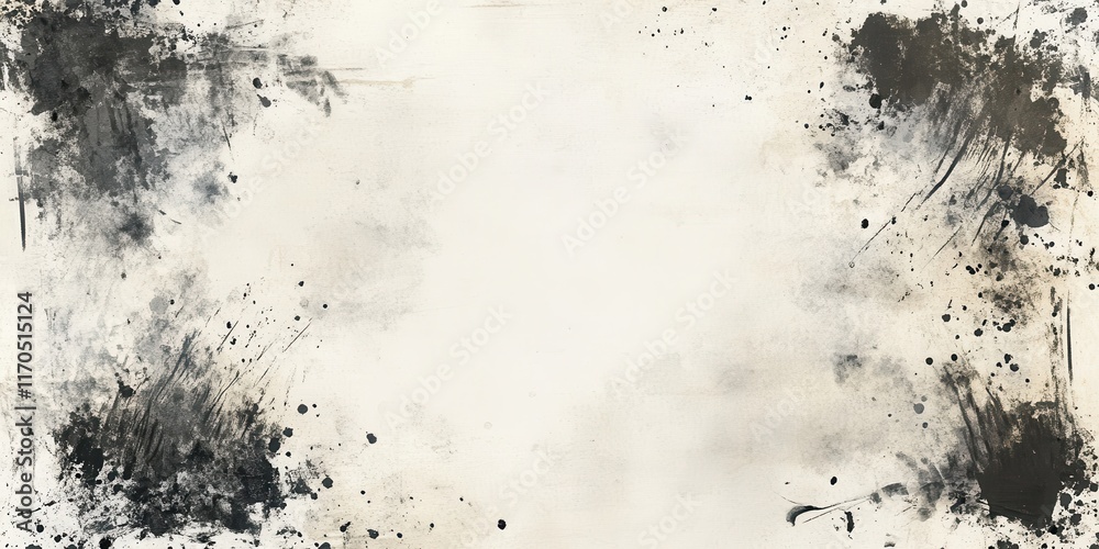 Poster Distressed ink texture with splashes and brush strokes creating an abstract, vintage background for creative projects
