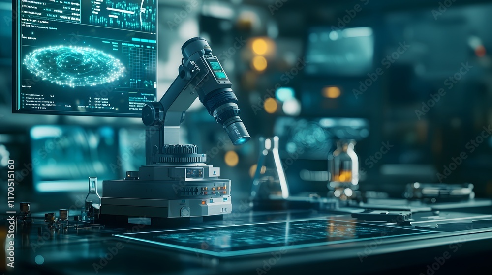 Poster quantum powered measuring device detecting gravitational waves in futuristic laboratory with copy sp