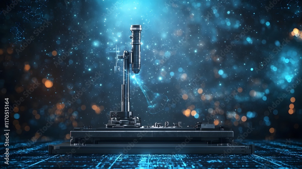 Poster Quantum powered measuring device detecting gravitational waves in a futuristic laboratory setting with clean copy space at the bottom for text overlay