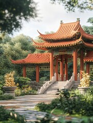 Obraz premium traditional Chinese structure with sweeping red roofs, golden sculptures, and peaceful green surroundings, evoking a sense of cultural tranquility