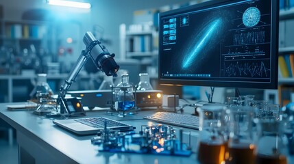 Fototapeta premium Quantum powered measuring device detecting gravitational waves in a futuristic laboratory setting leaving ample copy space at the bottom for text or design elements