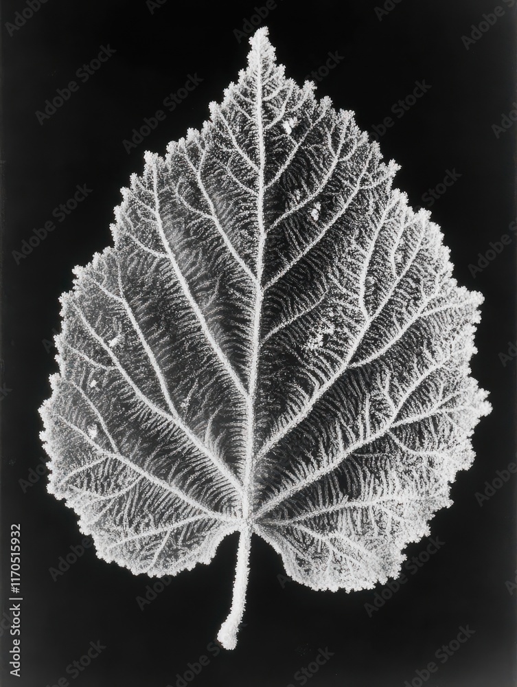 Aufkleber Close-up view of a frosty leaf showcasing intricate patterns and textures in winter sunlight