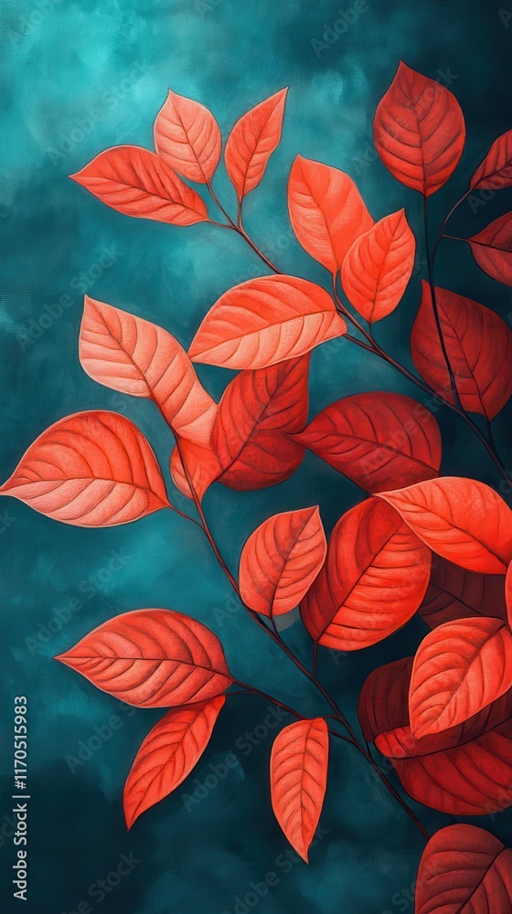 Aufkleber vibrant red leaves with orange veins create a striking contrast against a dark background in this au