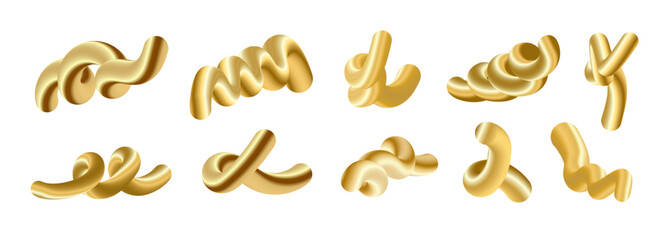Set of 3d golden metallic wavy lines shapes. Vector
