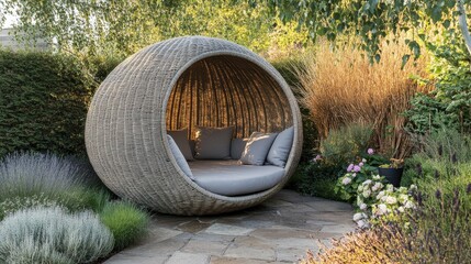 Outdoor lounge with spherical seating pod surrounded by lush greenery and beautiful flowers