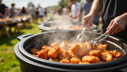 People serving steaming Maori hangi during Waitangi Day feast, celebration